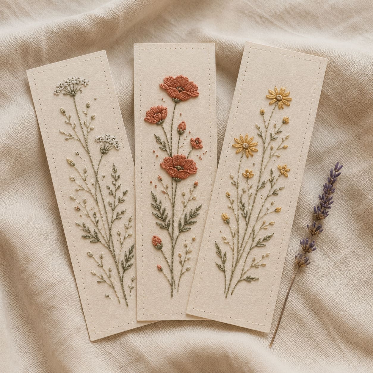 Três marcadores de página bordados em papel com moldes florais