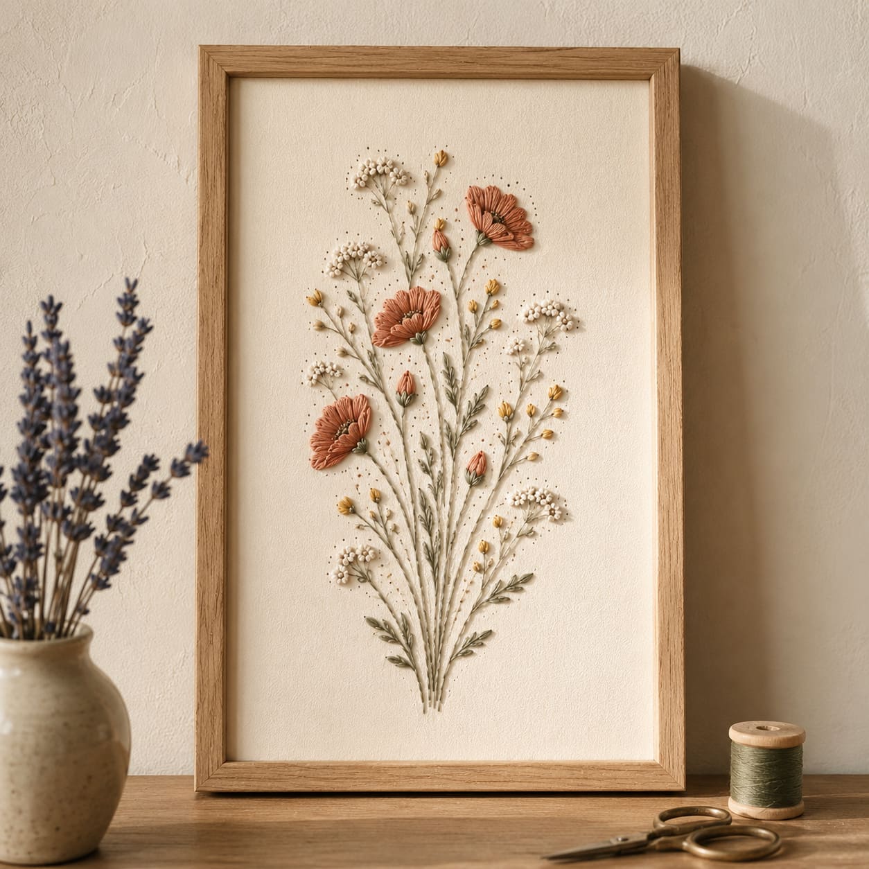 Buquê de flores silvestres em bordado de papel emoldurado