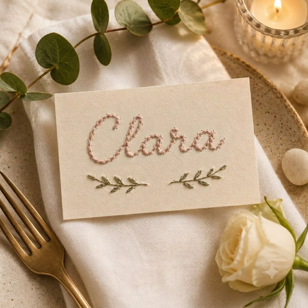 Cartão de lugar de casamento com nome bordado