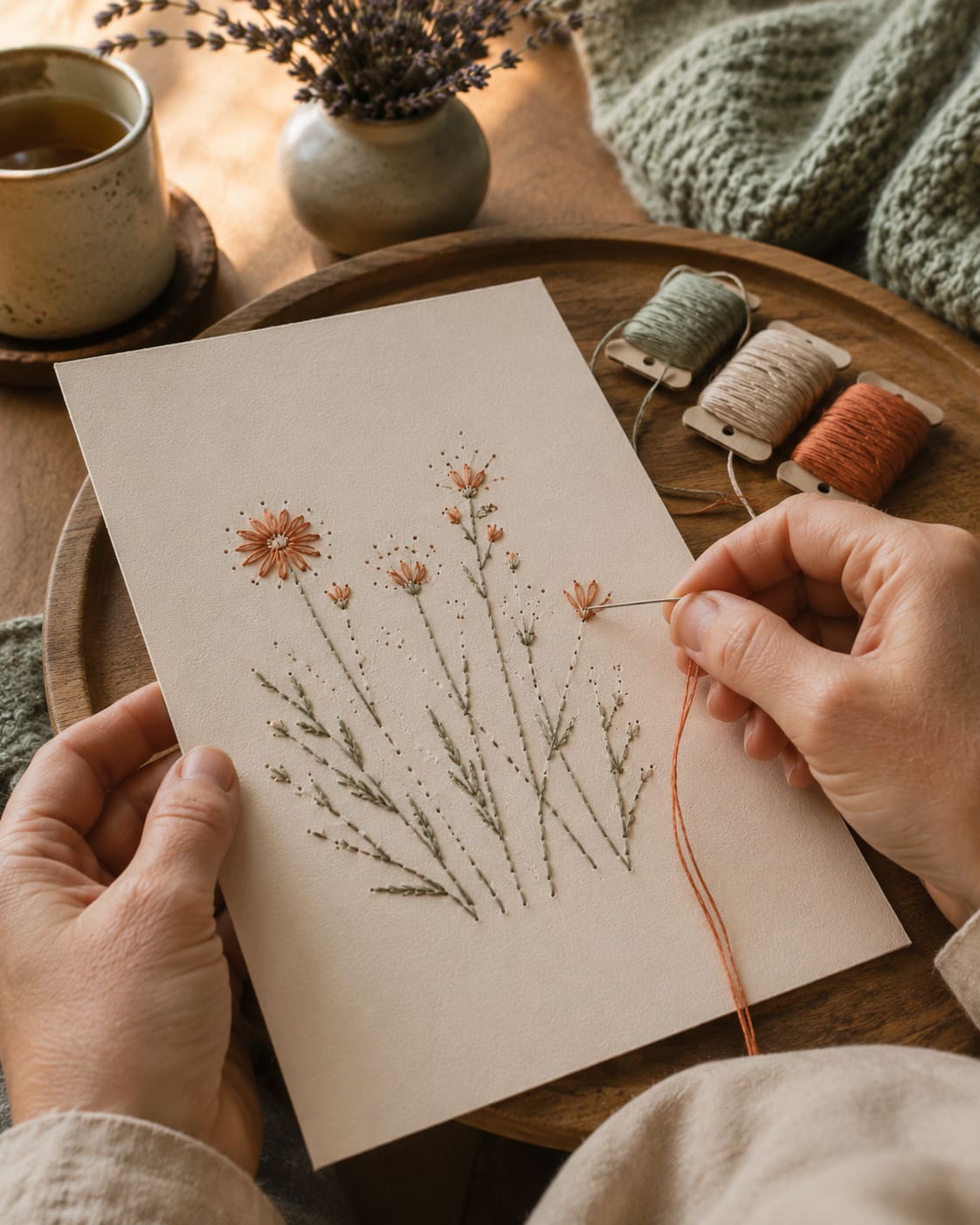 Mãos trabalhando em bordado de papel com linha verde-sálvia e terracota, tarde tranquila
