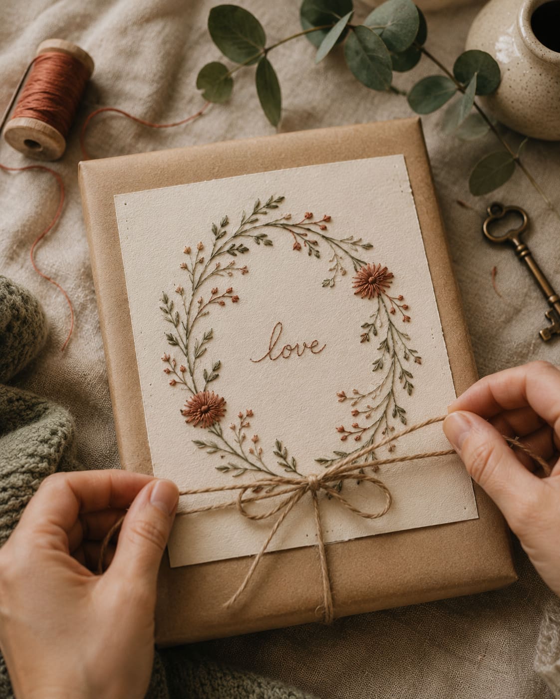 Cartão de amor bordado em papel sendo embrulhado como presente com barbante